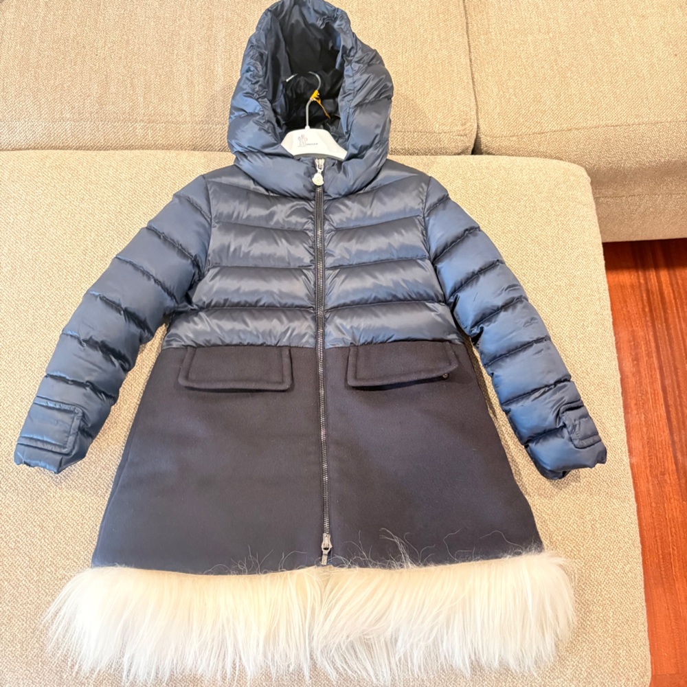 Moncler Navy and Black Kids Puffer Coat with White Trim